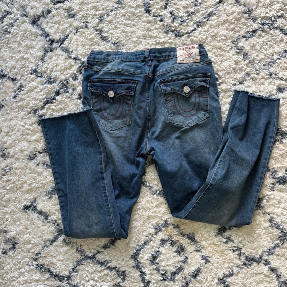 True Religion Billie Straight Jeans Womens 31 Blue Raw Hem Red‎ Stitching